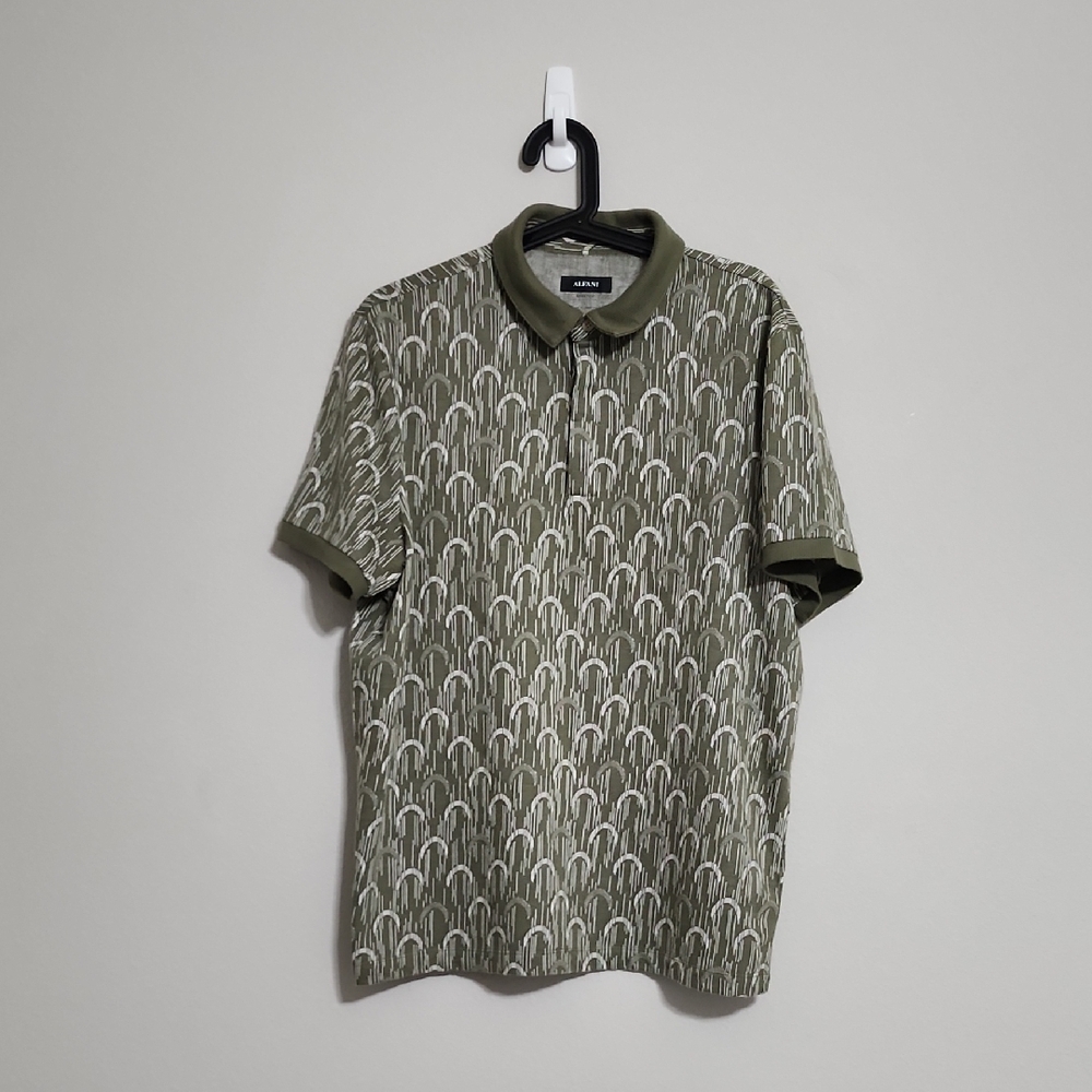 Alfani Men's Olive Green & White Patterned Stretch Polo Shirt Size L Large